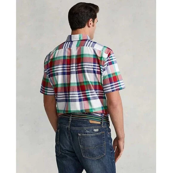 POLO RALPH LAUREN Men's Slim Fit Short Sleeve Oxford Shirt (Red White Multi, M)